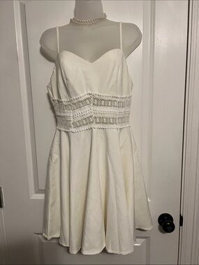White Spaghetti Strap Mini Dress with Crochet Waist